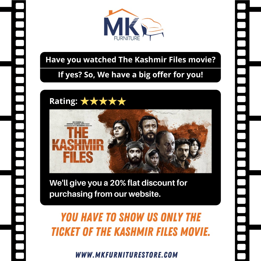 MkFurniture01's tweet photo. Have you watched the Kashmir files movie?
If yes? so, we have a big offer for you!
..
We'll give you a 20% flat discount for purchasing from our website!
You have to show us only the ticket of the Kashmir files movie.
https://t.co/aU6vRoiHtc
#TheKashmirFiles  #mkfurnitures https://t.co/4tuy1Qkpct