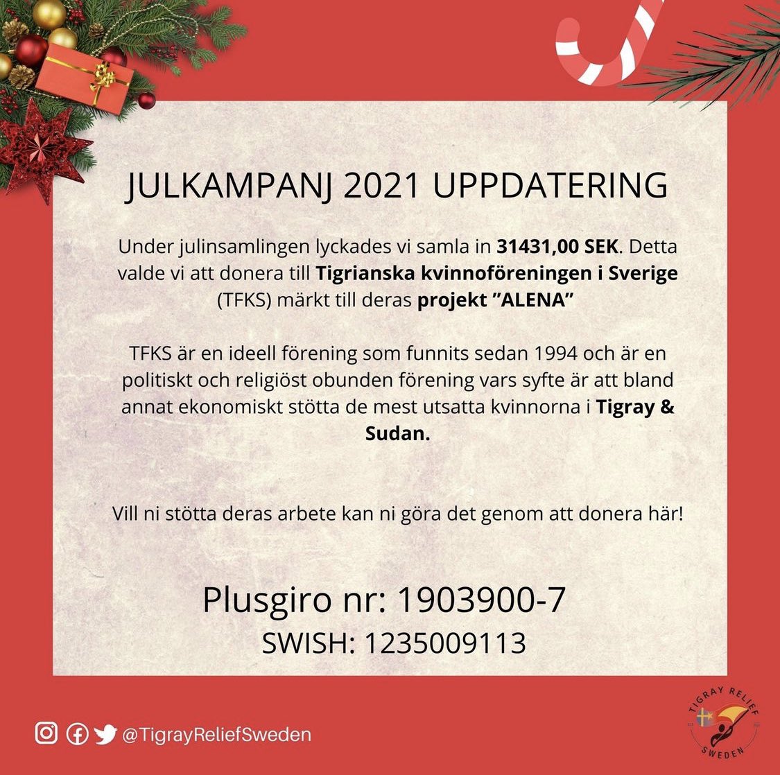 TigrayRelief's tweet photo. Update: Thank you to everyone for your donations to our Christmas campaign for #Tigray. We are donating 100% to the ALENA project for women and girls in Sudan who are survivors of sexual violence. https://t.co/qszWorOKND