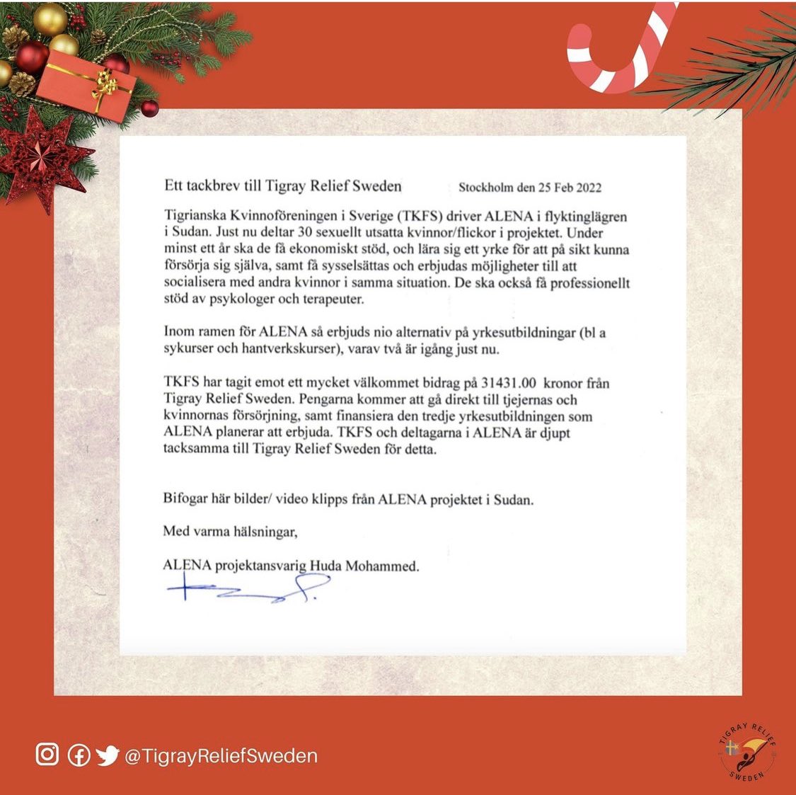 Update: Thank you to everyone for your donations to our Christmas campaign for #Tigray. We are donating 100% to the ALENA project for women and girls in Sudan who are survivors of sexual violence.