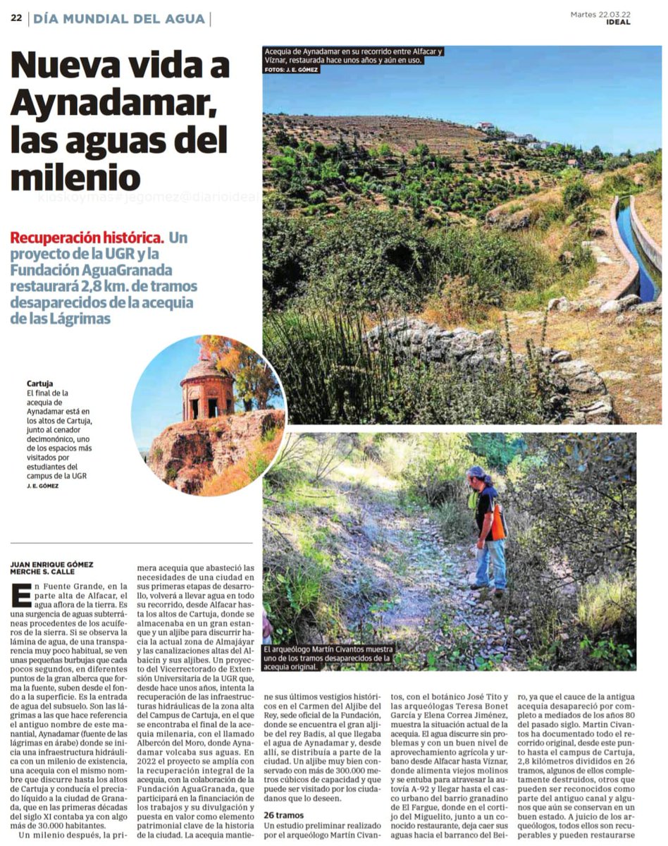 AguaGranada's tweet photo. Especial del #DMA2022 en @ideal_granada en el que se habla sobre el proyecto, en conjunto con @CanalUGR, de recuperación histórica de la acequia de #Aynadamar. https://t.co/fdGaNn2hXJ