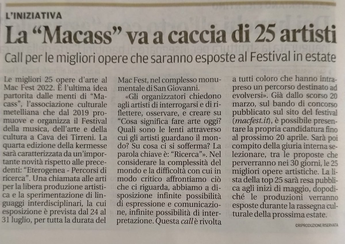 Oggi <a href="/LaCittaSalerno/">La Città di Salerno</a> ospita la prima novità del #MACfest2022 💥

Dal 20 marzo al 20 aprile sarà possibile inviare la propria candidatura per partecipare alla mostra d'arte collettiva.
🔎25 artisti in esposizione 24/31.07

Leggi il bando sul nostro sito:
👉macfest.it/mostra