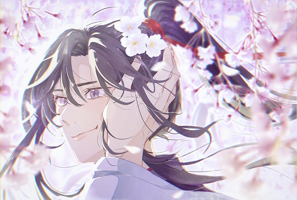 flower hair flower hair ornament purple eyes 1boy male focus solo  illustration images