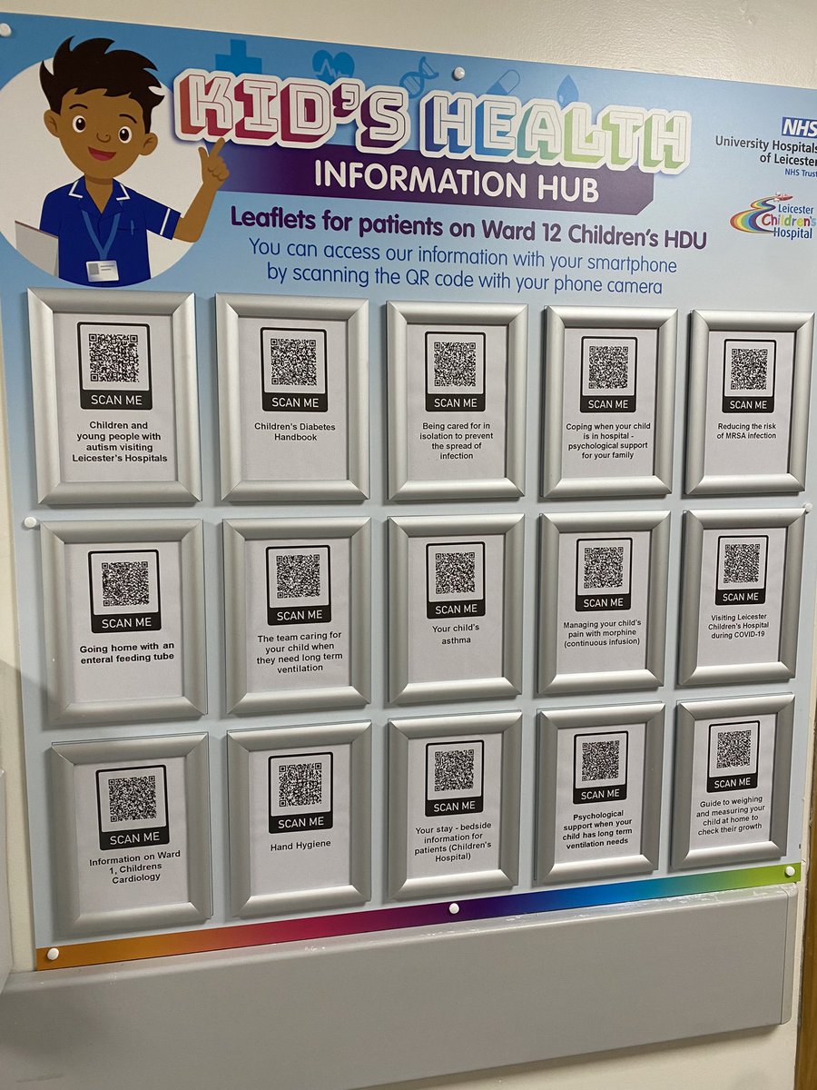 Ward12UHL's tweet photo. Inspired by @UHLCICU we have a beautiful new information hub on ward 12! QR codes are so easy to use, and create much less waste! #reducingwastedpaper #qrcodes #wardimprovements @LeicChildHosp @Annaduke16 @ChildrensLeics https://t.co/FBDMNwD3HH