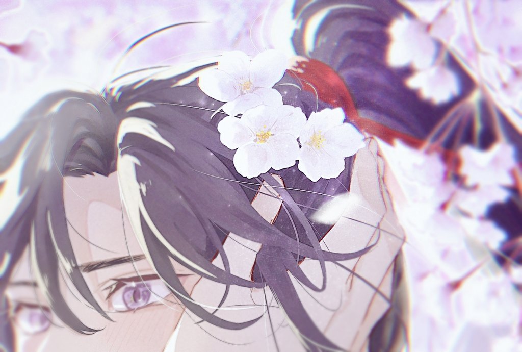 flower hair flower hair ornament purple eyes 1boy male focus solo  illustration images