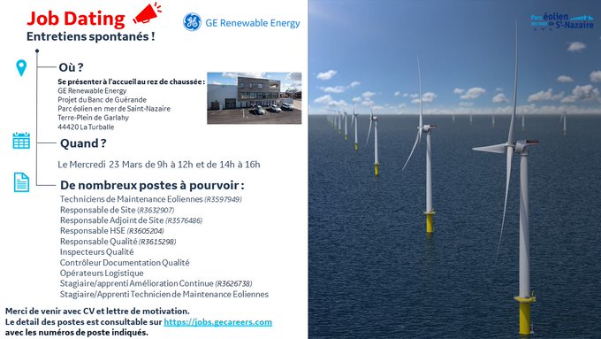 GregoryBequet's tweet photo. 📢 @generalelectric recrute sur ses sites de Montoir et de La Turballe (44). Plusieurs événements CETTE SEMAINE: 
1⃣ 22 mars ➡️Job dating à Pornic
2⃣ 23 mars ➡️Job dating à La Turballe
3⃣ 25 mars ➡️Visite de l'usine de Montoir
 ➕d'infos auprès de votre conseiller Pôle Emploi https://t.co/sdIAWMAKjP