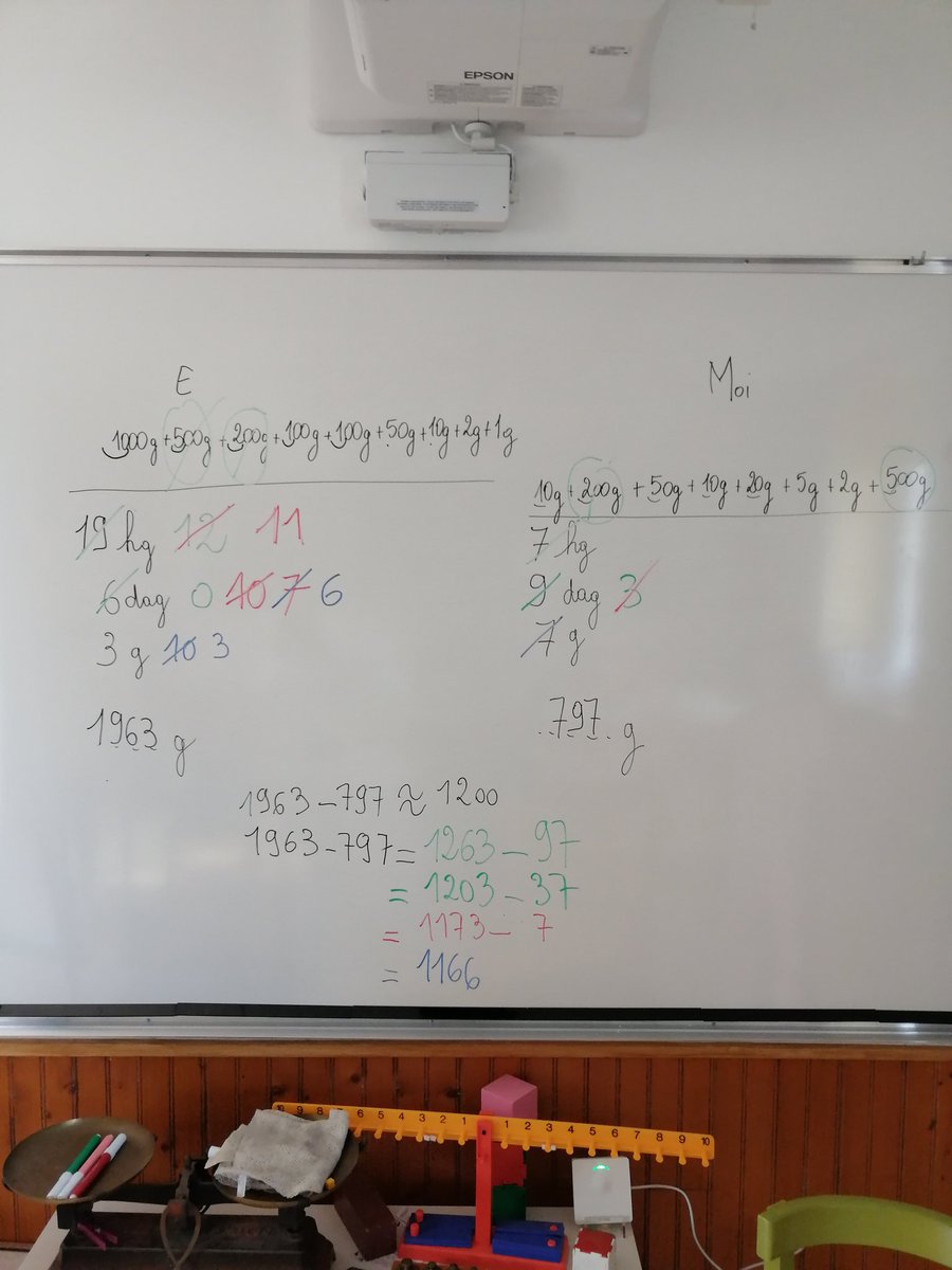 JournalCatheri2's tweet image. En réponse à la classe de Rennes de Florence, après avoir étudié une des ardoises, nous avons joué aux jeu des masses marquées (voir progressio ACE). Nous approchons d'une des techniques de calcul de la soustraction. #ACEarithmécole #soustraction