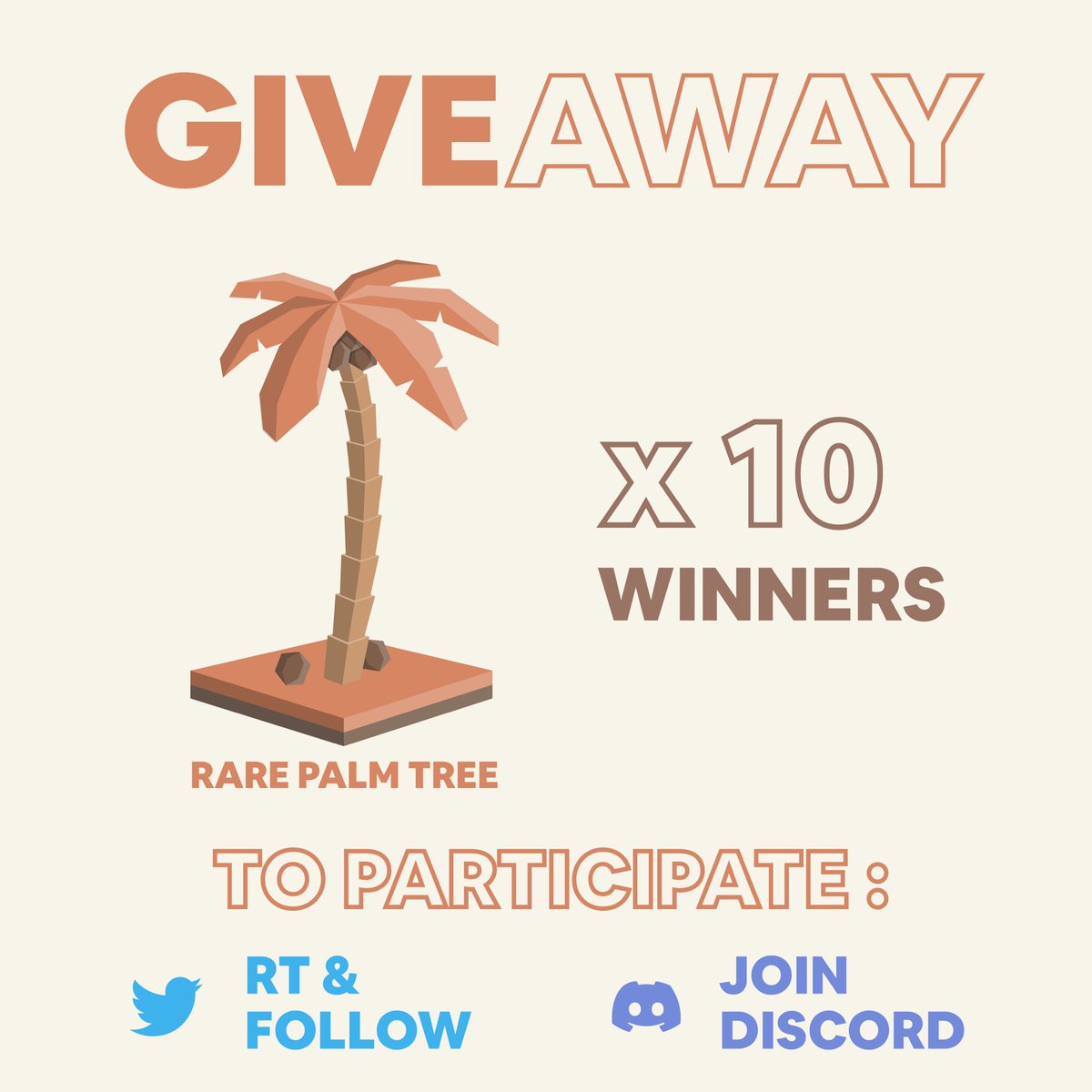 🚨 GIVEAWAY 🚨

Try to win a Rare palm tree! 🌴
10 winners 🍀

How? 🌱
- RT &amp; Follow
- Join our discord discord.elrondtrees.com

📅 DRAW: 26 Mar. 2022 12h00 UTC
