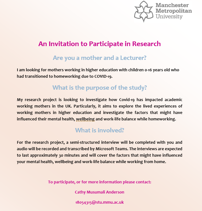 AnnekeSchaefer's tweet photo. Hi all, our lovely student @CMusumali1 is looking for participants for her study on how #workingfromhome might have impacted #mothers in #academia in the UK and their #mentalhealth, #wellbeing and #worklifebalance. Please reach out to Cathy if you are happy to participate! https://t.co/N4uD4YyZm7