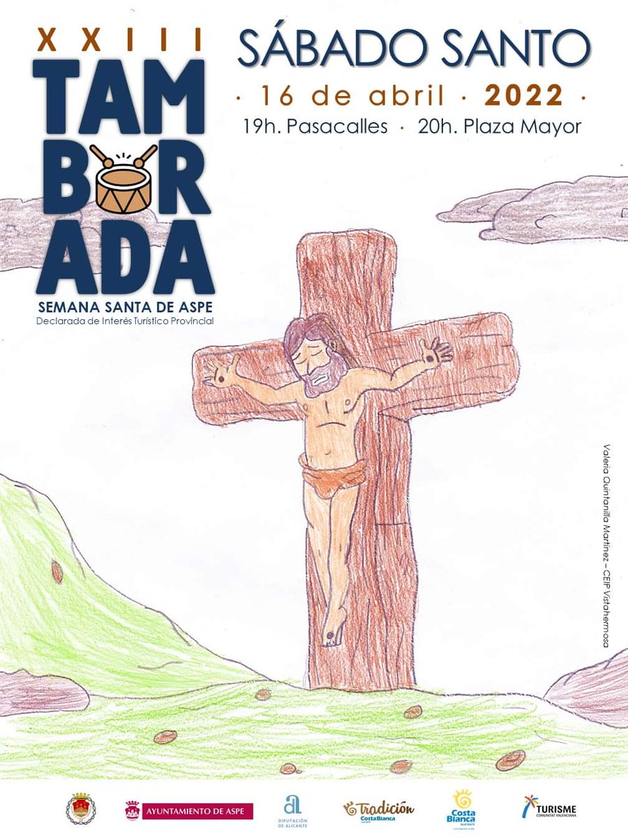 🔴 CARTEL OFICIAL DE LA TAMBORADA ASPE 2022

Dibujo de Valeria Quintanilla Martínez

#SemanaSantaAspe <a href="/aytoaspe/">Ayuntamiento de Aspe</a> <a href="/generalitat/">Generalitat</a> <a href="/dipuAlicante/">Diputación de Alicante</a> <a href="/costablancaorg/">Turismo Costa Blanca</a> <a href="/GVAturisme/">GVA Turisme</a> <a href="/EsSemanaSanta/">SEMANA SANTA ESPAÑA 🇪🇸</a>