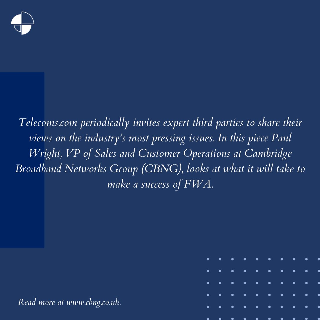 CBNGTeam's tweet photo. High quality infrastructure is essential for Fixed Wireless Access networks:

https://t.co/QX529piOpc

#FWA #mmWave #CBNG #CambridgeBroadbandNetworksGroup #CBNL https://t.co/AmCpDbdSik