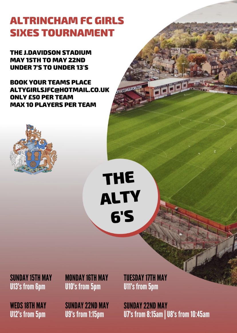 Excited to announce our girls only ‘Altrincham Fc Girls Sixes Tournament’                               
What an opportunity for your team to play on the home pitch of Altrincham Fc Spaces are limited and this will book up fast 

To avoid disappointment book your teams space 👇