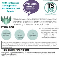 TSRF 2022 conference Talking ethics report is out now. bit.ly/3uy2fjU Read the findings from our consultation about future support for third sector researchers and what participants said about the conference. All speaker slides are available too.