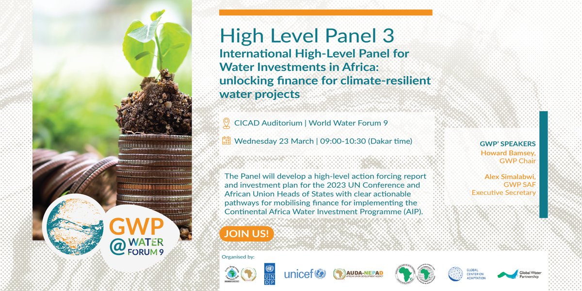 GWPnews's tweet photo. 📆 23 March - 09:00 hrs Dakar Time - CICAD Auditorium

High level political action towards a water secure Africa, join us!

#WaterForum9 #WaterIsClimate

@amcowafrica @UNICEF @UNDP @AUDA_GrowAfrica @AfDB_Group @GCA https://t.co/w0czXWs4Jq