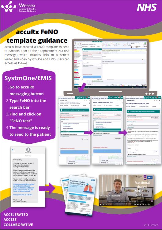 HIWessex's tweet photo. accuRx has created a #FeNO template to send to patients prior to their appointment (via text message). This includes links to the patient leaflet + a video. SystmOne &amp; EMIS users can access it.

Here is a simple guidance document to show you how: https://t.co/RrY4lEvJnb #asthma https://t.co/KZ2FeQVRNV