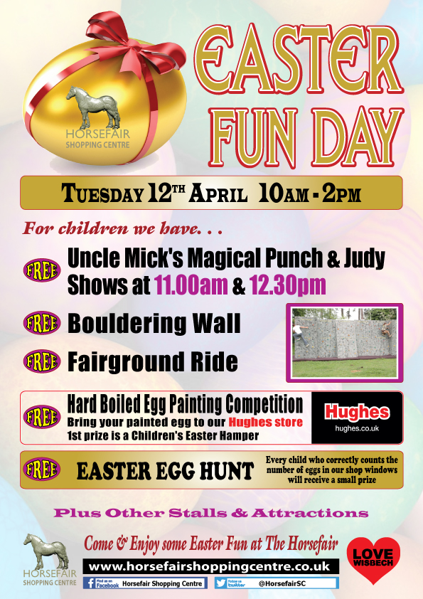 The <a href="/HorsefairSC/">HorsefairWisbech</a>’s annual Easter Fun Day will be taking place next month on Tuesday 12th April. 

There will be a wide range of free Easter-themed activities including a fairground ride, bouldering wall and much more! 

▶️ For more info, visit: horsefairshoppingcentre.co.uk/easter-egg-str…
