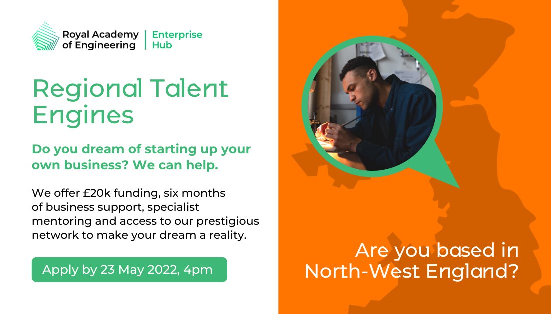 Apply for the @RAEng_Hub’s new Regional Talent Engines! Based in Northern England and Northern Ireland, they can help you turn your innovation idea into a business with their funding and entrepreneurial support. For information and to apply: enterprisehub.raeng.org.uk/programmes/reg… #RTEngines