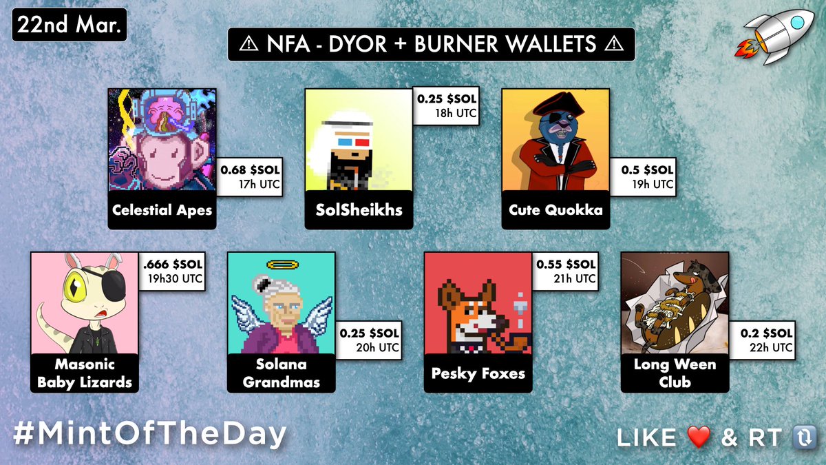 🔥 Today's #SolanaNFTs Mints 🔥

17UTC・<a href="/NFT_Celestials/">Nft celestials</a>・0.68 $SOL
18UTC・<a href="/SolSheikhs/">SolSheikhs | MINT IS LIVE❌</a>・0.25 $SOL
19UTC・@Cute_Quokka0・0.5 $SOL
19:30UTC・@MasonicLizards・0.666 $SOL
20UTC・<a href="/SolGrandmasNFT/">Solana Grandmas</a>・0.25 $SOL
21UTC・@Peskeyfoxes・0.55 $SOL
22UTC・@longweenclub・0.2 $SOL

#NFTCommunity