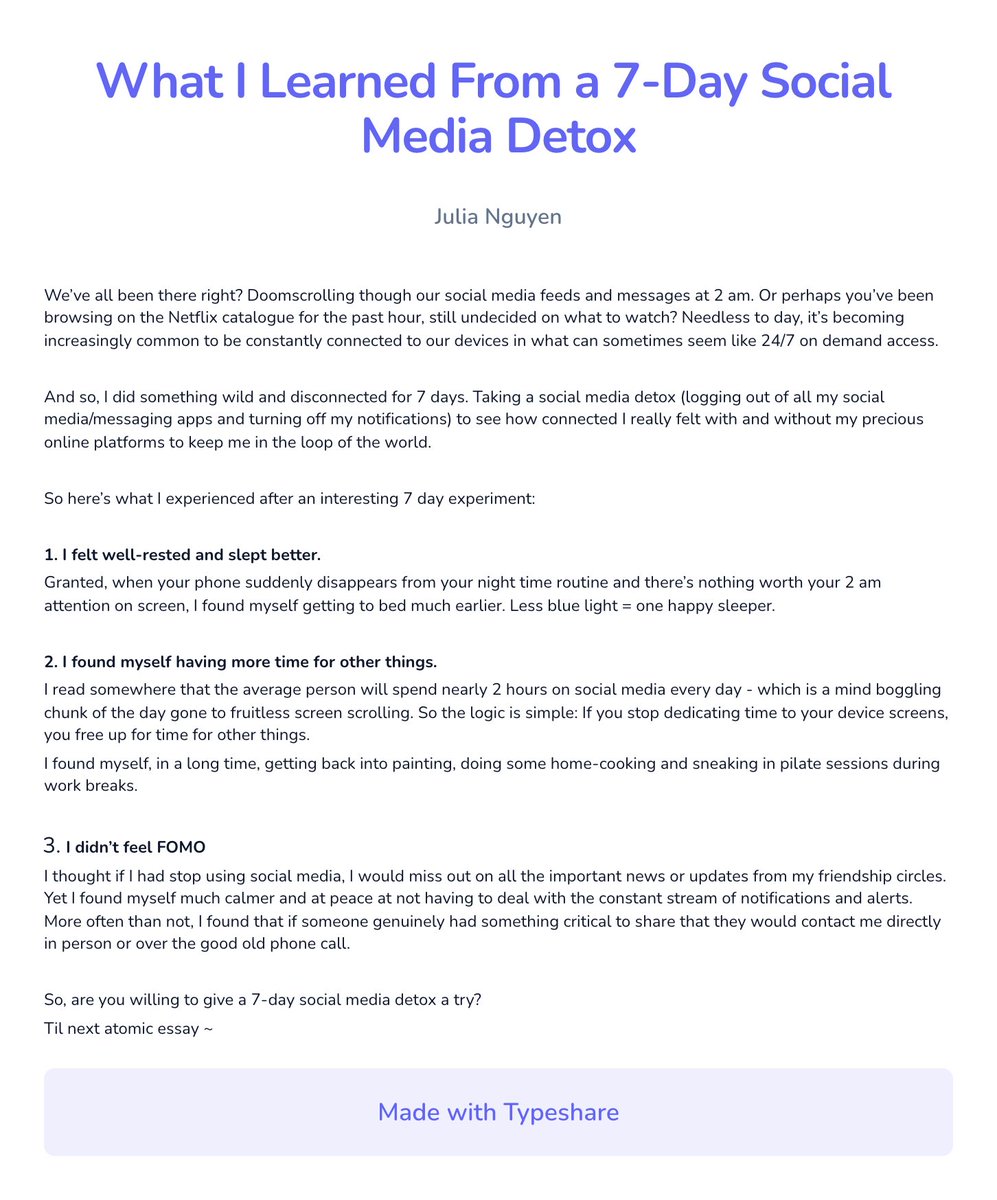 Jules_Ngu's tweet photo. Feel connected by being disconnected?
Surprisingly that's how I felt when I did a social media detox. 
Here's a snippet of what I learned from the 7 day experiment. 

Essay 38 
#ship30for30 https://t.co/UrRKlgvJ7H