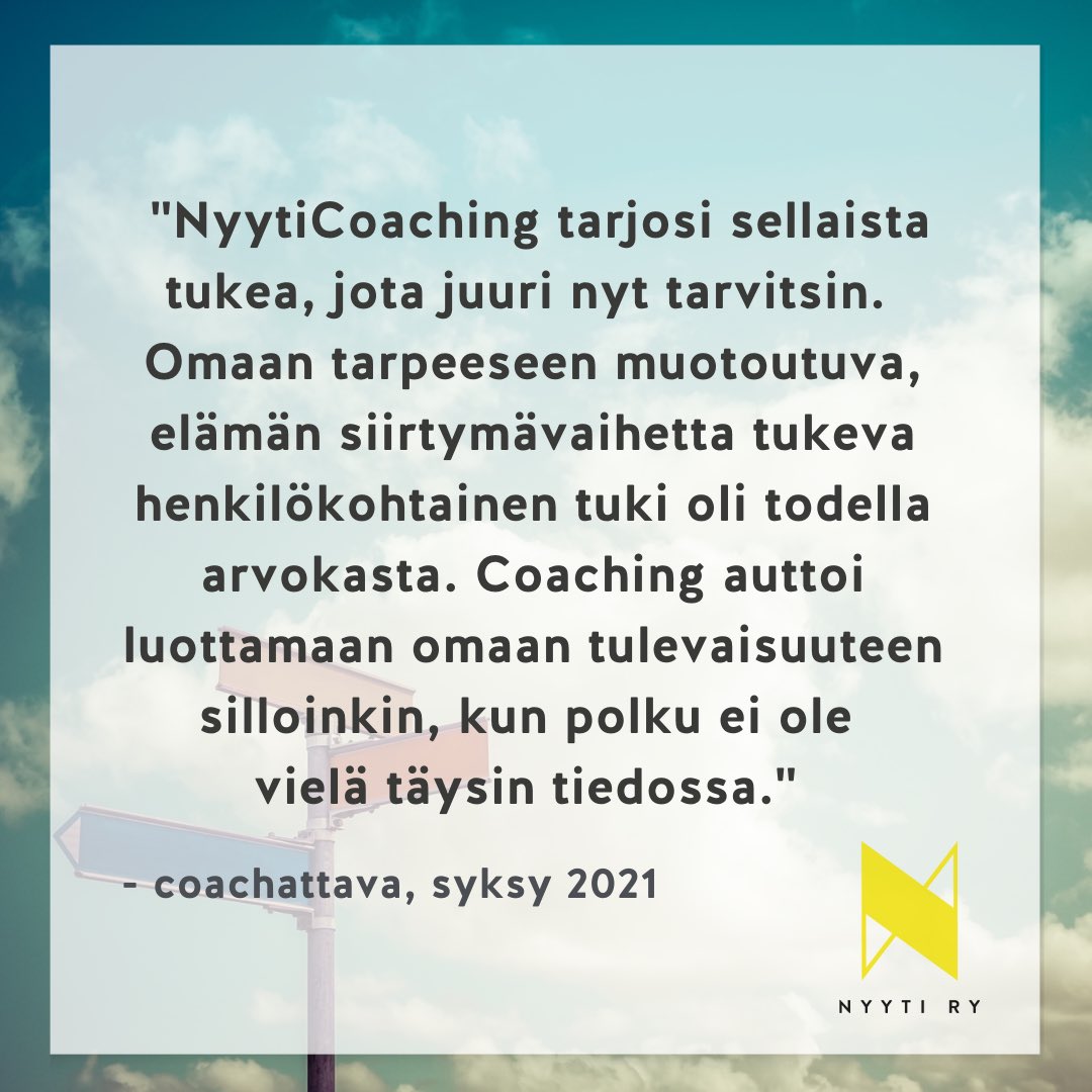 nyyti_ry's tweet photo. NyytiCoaching tarjoaa tukea oman suunnan löytämiseen, tavoitteiden kirkastamiseen ja työelämään siirtymiseen. Haku käynnissä nyt. https://t.co/TvD5FwGkqW
#NyytiCoaching #coaching #tavoitteet #omasuunta https://t.co/rf9DXMSMnJ