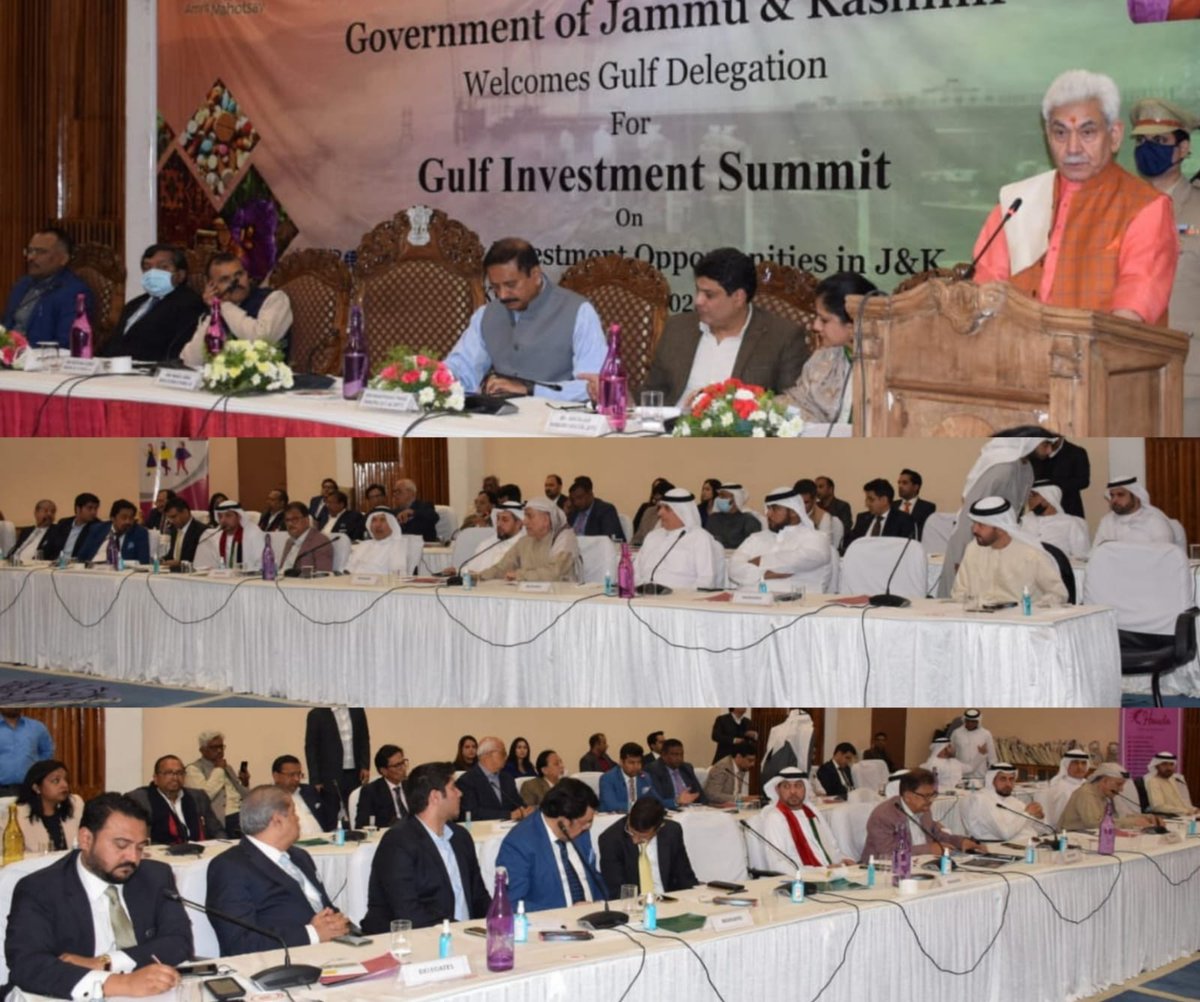 OfficeOfLGJandK's tweet photo. Addressed the Gulf Countries investment summit at Srinagar and highlighted the scope for J&amp;K UT &amp; GCC companies’ economic cooperation to make this paradise on earth as the most beautiful investment destination in the world. https://t.co/mf1nFZe8X6