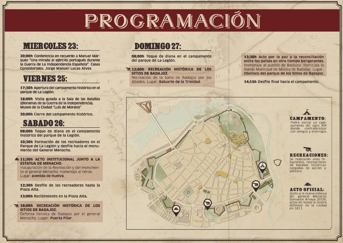 aytodebadajoz's tweet photo. 📣 Programación de la 1a Recreación Histórica de los Sitios de Badajoz.

💂🏻‍♂️ La ciudad revivirá la Guerra de la Independencia contra las tropas napoleónicas con simulación de batallas, desfiles y la creación de un campamento histórico.

📅 Del 25 al 27 de marzo, en #Badajoz https://t.co/w3GsUcNDp1