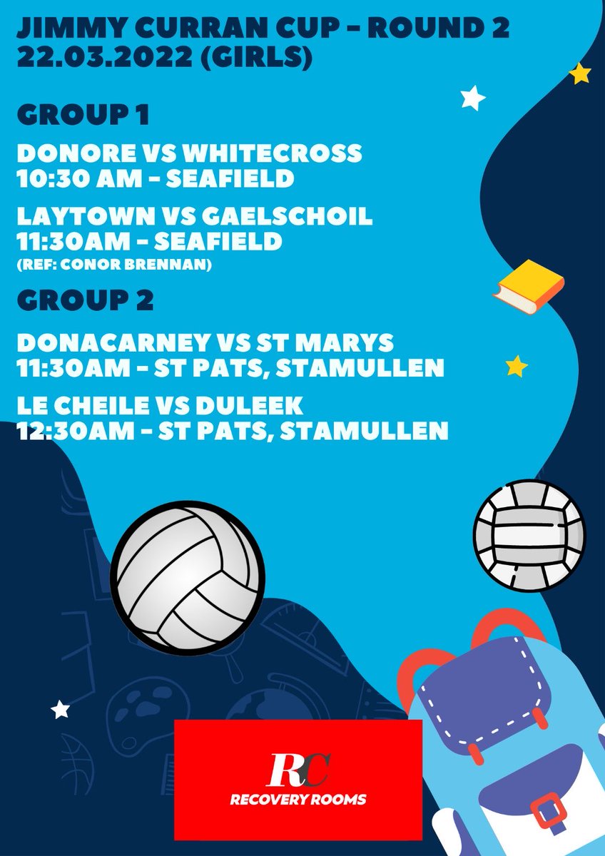 We are back with Schools football today.  We are in rd2 action of the Jimmy Curran Cup this morning across Seafield and Stamullen with updates to follow. Good luck to all the teams and thanks to our sponsor Robin Clarke - the Recovery Rooms in Duleek- please support our sponsors!