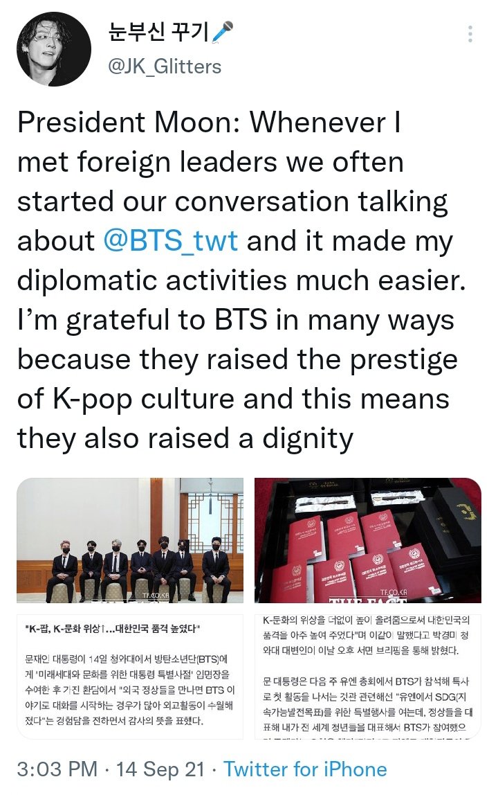 mygbebe's tweet photo. "The most of the jobs we have to as diplomats were done by BTS already." https://t.co/3W1W0FfWEl