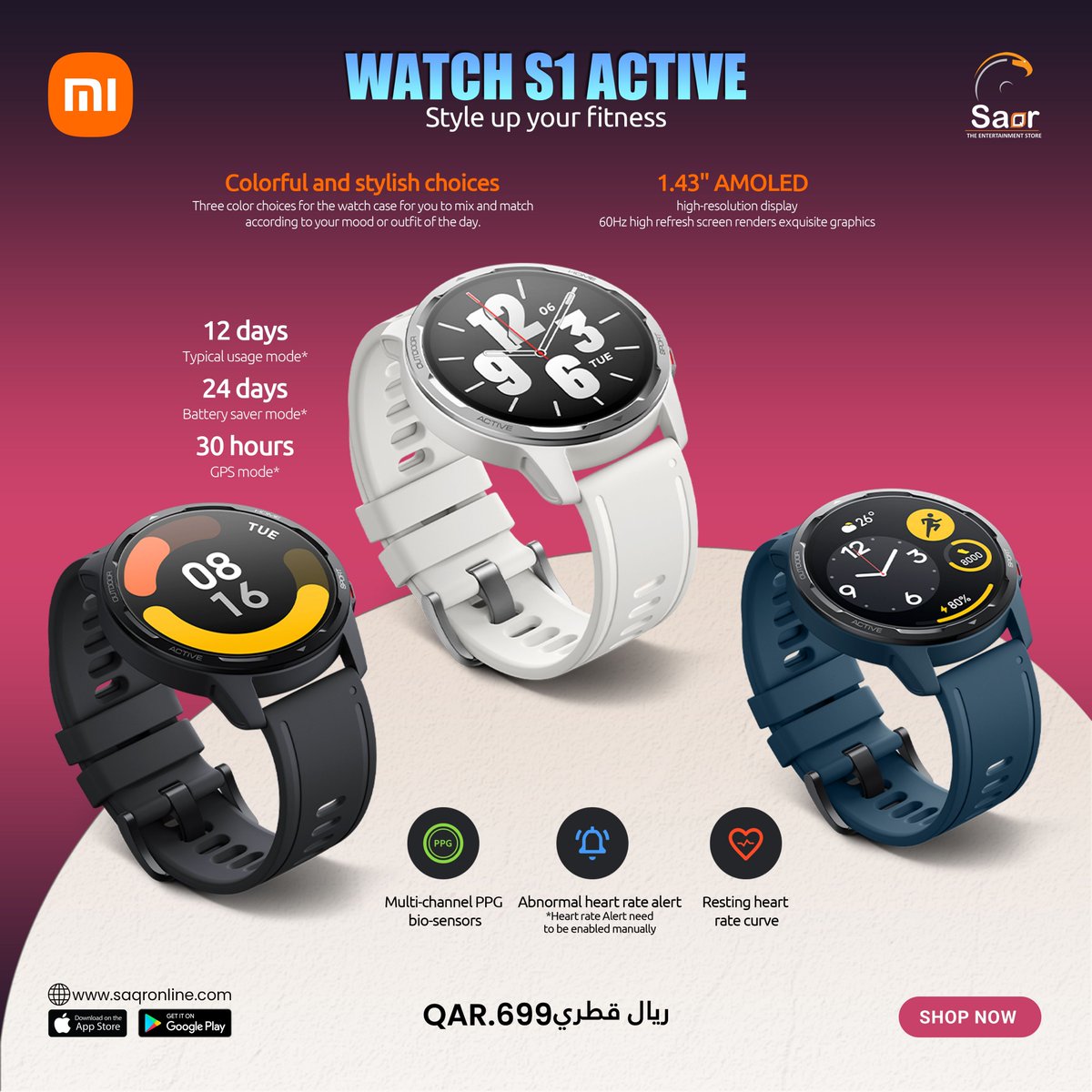 Xiaomi Watch S1 Active GL
#mi #xioami #watch #watchs1 #watchs1active #amoled #stylishchoices #fitnesswatch #stylishwatch #stylishwatches #saqr #saqrontop #saqrstore #saqrstores 
Buy now : saqronline.com/watch.html