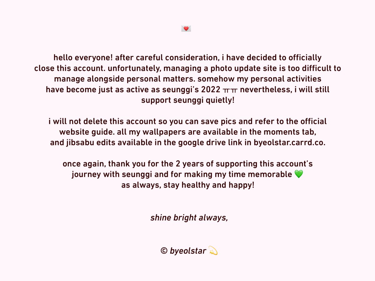 💌 [OFFICIAL CLOSE]

with a sad heart, thank you everyone for supporting this photo account. i’ll miss editing for you all and for our shining star 🥺🌟