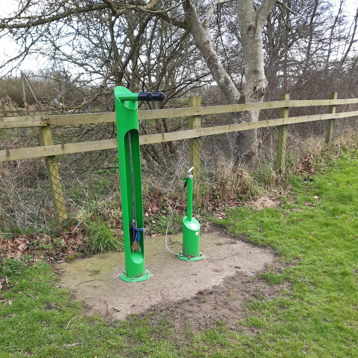 What a great idea! The local council have installed this bicycle repair point at a park in Wincanton. It features a pump, bars to put your bike on while you work and also includes a set of spanners and bike tools - very handy.