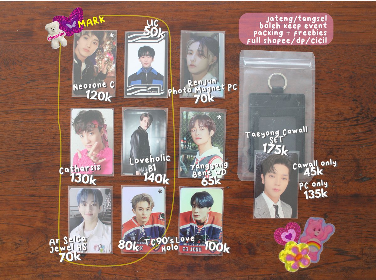 cheezini's tweet photo. ✦ wts photocard ✦

♡ jeno tc 90s love
♡ taeyong card wallet (set/only)
♡ yangyang bene wd withdrama pob benefit sg20
♡ renjun photo magnet hot sauce pc only

mark
♡ neozone c natalan
♡ catharsis
♡ loveholic b1
♡ uc
♡ ar jewel selca hs
♡ trading card 90's love holo https://t.co/hv69v3RHa9