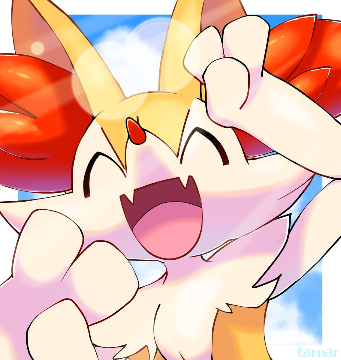 braixen pokemon (creature) solo open mouth closed eyes fangs happy white border  illustration images