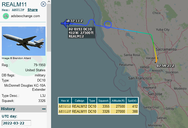 SirListenalot's tweet photo. 0837z #KC10's #AE012F as #REALM11 and #AE0212 as #REALM12 on a round trip out of Travis picked up #LIVID11-13 (likely #B2's) for AR. LIVID11-12 continued via HEKAB after AR whilst LIVID13 rtb via FATMO https://t.co/b8W0uNO4FD
