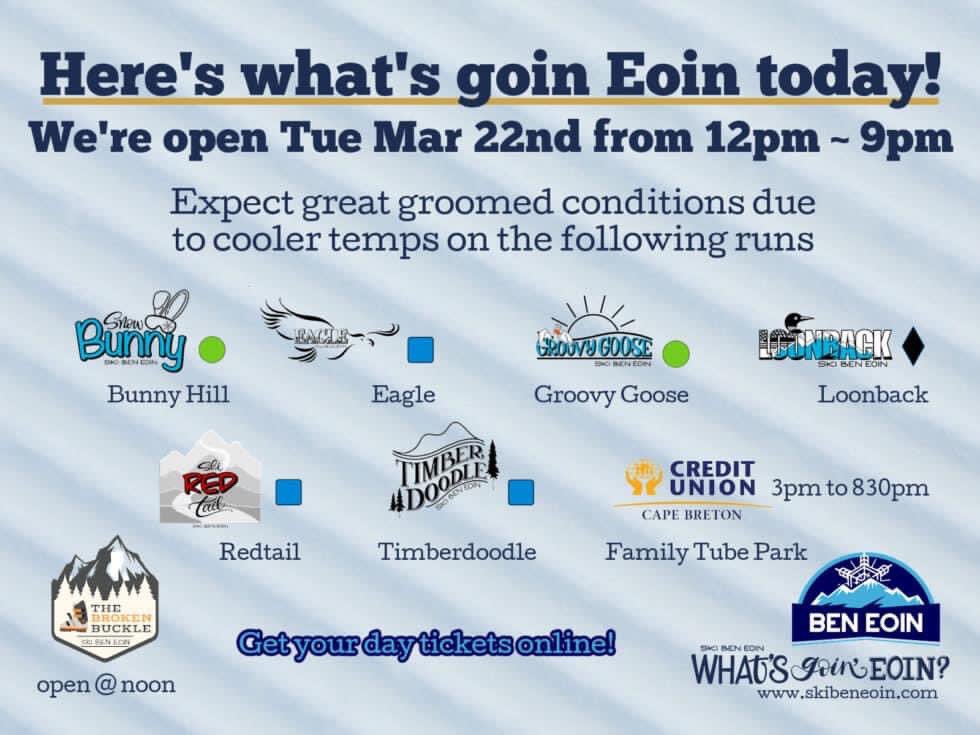 Tubing Tuesday! Did you miss the chance to go tubing over March Break? Now is your chance to go! Fun for the whole family!

Chair spins at 12pm until 9pm! The groomers were out throughout the night setting the corduroy for us!

Don’t miss out on the last few days of the season!