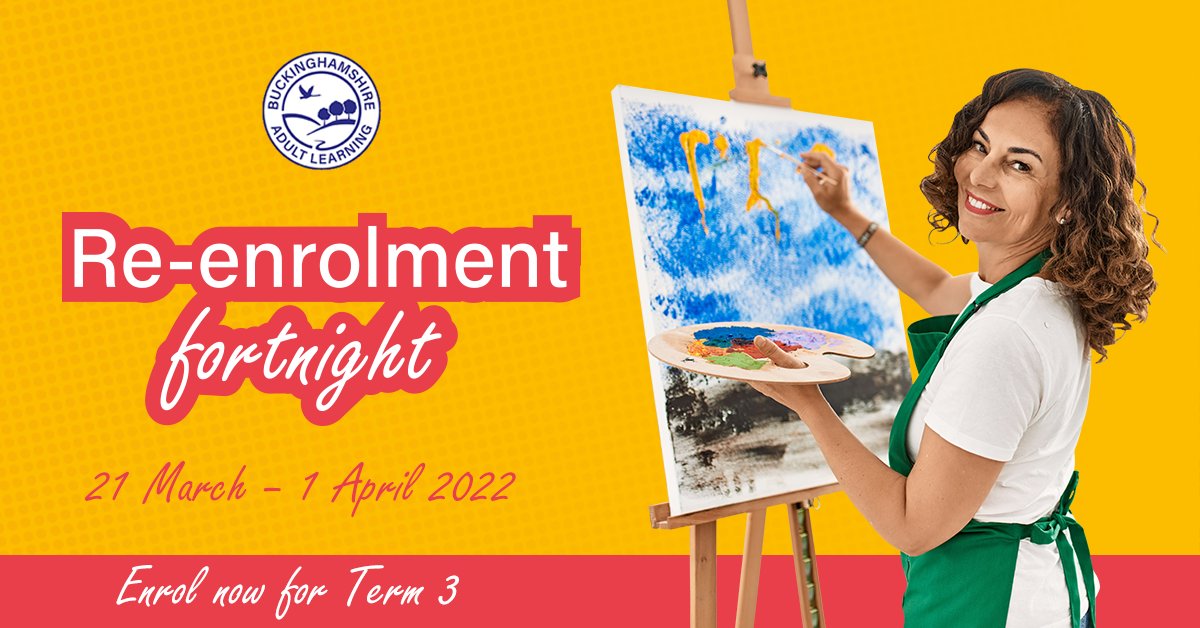 It's Re-enrolment fortnight! Enrol now for your Term 3 course starting after Easter. You can enrol via our website, call 01296 382403 or speak to a member of staff in one of our centres. <a href="/BucksCouncil/">Buckinghamshire Council</a> #adultlearning #bucksadultlearning #creativecourses #languagecourses #fitness