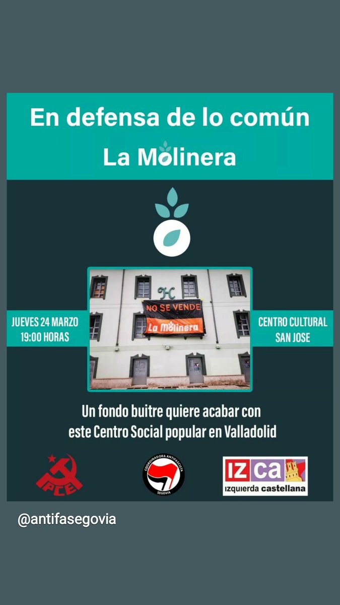 Recordad: Este jueves a las 19:00 en el Centro Cultural de San José en Segovia. 
Las compañeras de La Molinera hablarán de su proyecto y de su actual situación tras el aviso e intento de desalojo ilegal de ayer.