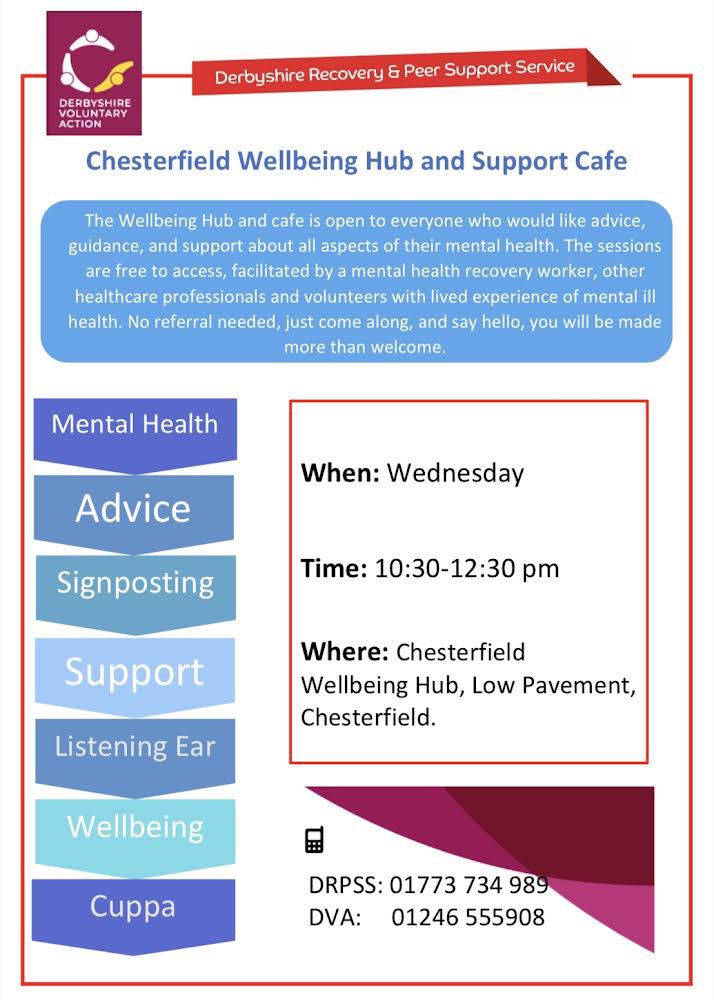 Reminder! Pop by the hub tomorrow for the Chesterfield wellbeing and support cafe. The event is running from 10:30 am to 12:30 pm. Come in for a chat and a cuppa! We look forward to meeting you!