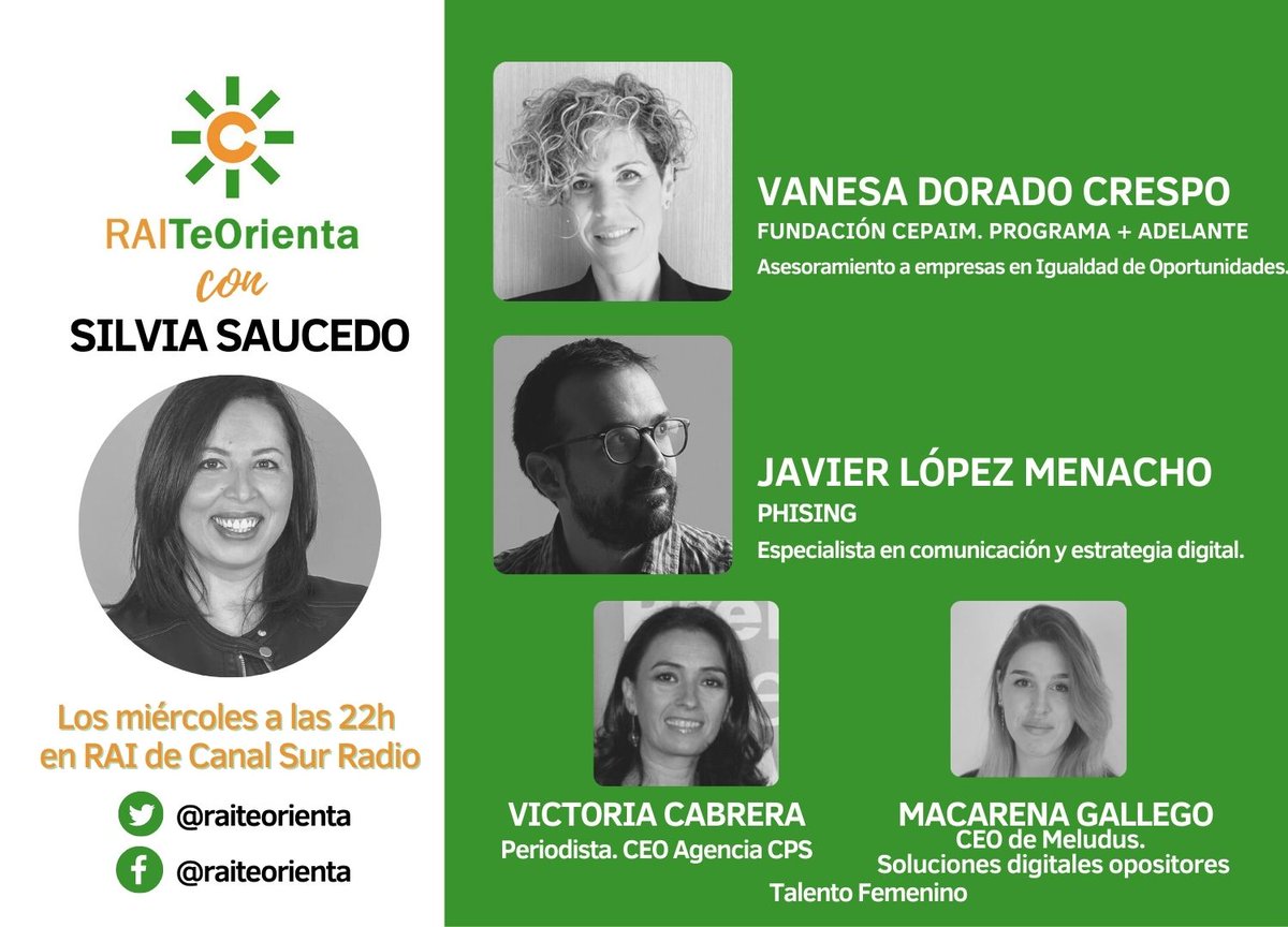 En el programa #RAITeOrienta de esta semana <a href="/SaucedoSilv/">Silvia Saucedo</a> entrevista a:
➡️ Vanesa Dorado <a href="/FundacionCepaim/">CONVIVE Fundación Cepaim</a> Programa + Adelante #Igualdad
➡️ <a href="/LopezMenacho/">Javier López 🇯🇴</a>  Phishing
➡️ #TalentoFemenino  <a href="/victoriacabrera/">Victoria Cabrera</a> y Macarena de MELUDUS 

📅 Miércoles a las 22h 
#formación #orientación #empleo