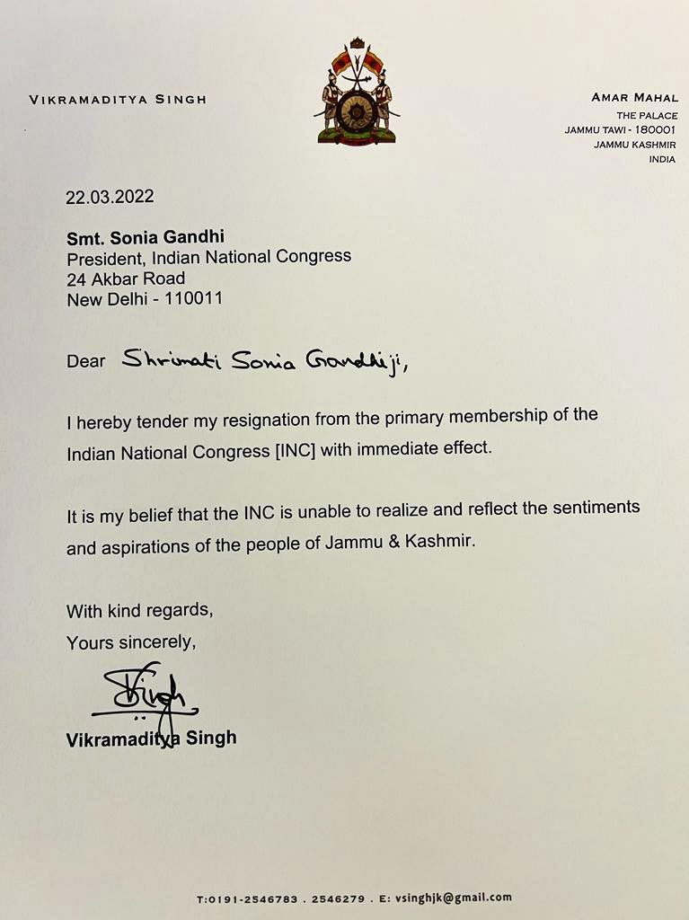 I hereby tender my resignation from the Indian National Congress.

My position on critical issues vis-à-vis Jammu &amp; Kashmir which reflect national interests do not align with that of the Congress Party. <a href="/INCIndia/">Congress</a> remains disconnected with ground realities. 

<a href="/INCJammuKashmir/">J&K Congress</a>
