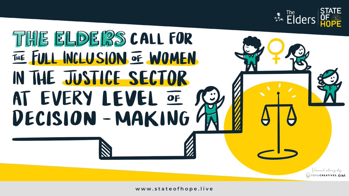 Drawing of women standing near scales of justice. Text says: The Elders call for the full inclusion of women in the justice sector at every level of decision-making.