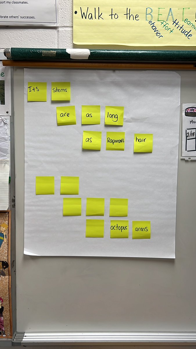 LambClanMom's tweet photo. Exploring how to use line breaks to emphasize meaning and create rhythm in poetry during shared writing. Post it notes helped make the process concrete and easy on chart paper. #4thgrade #teachingpoetry #WorldPoetryDay2022 https://t.co/vrBlO0GutL