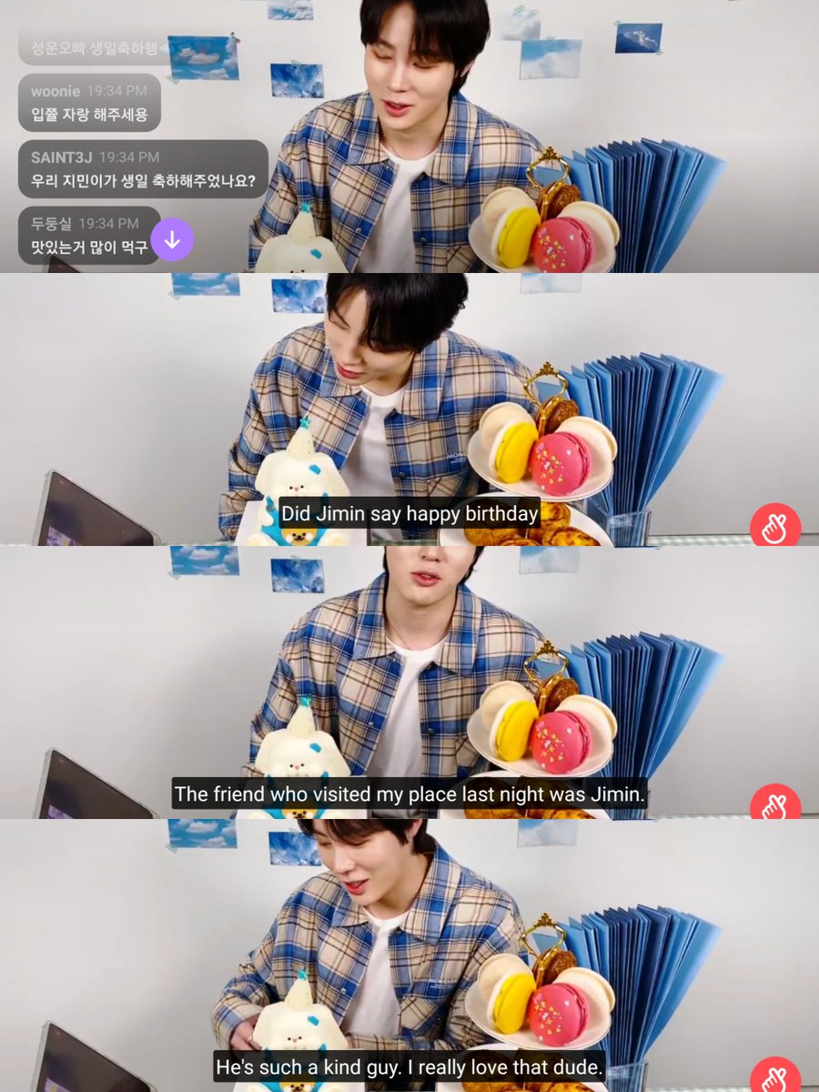 SAINT3J's tweet photo. OH MY GOD I ASKED SUNGWOON IF JIMIN GREETED HIM ON HIS BIRTHDAY AND HE SAID JIMIN VISITED HIM LAST NIGHT AND CELEBRATED HIS BIRTHDAY WITH HIM. IM SHAKING IM CRYING WTH I CANT BREATHE https://t.co/97yiG0ZT2m