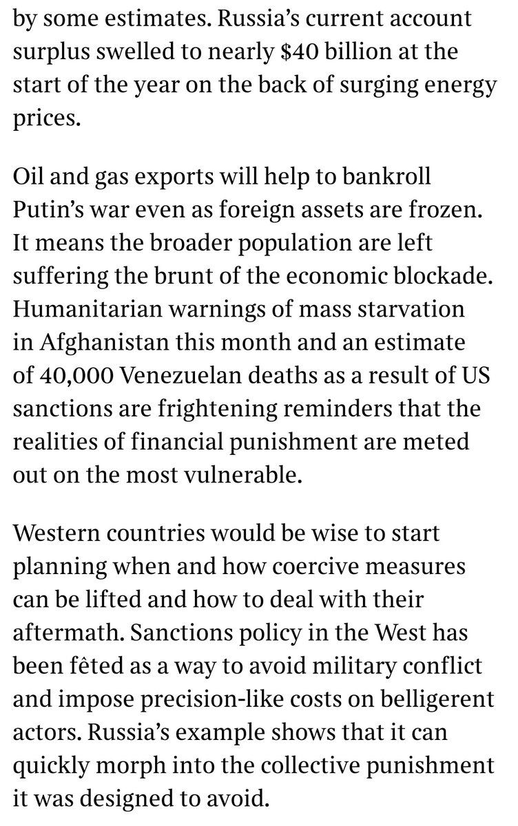 MehreenKhn's tweet photo. Nearly a month into the war, what are the aims western sanctions policy is meant to achieve? My first column for @thetimes business on sanctions and the dangers of collective punishment https://t.co/RJyub3ZMf4 https://t.co/5vphWfW599