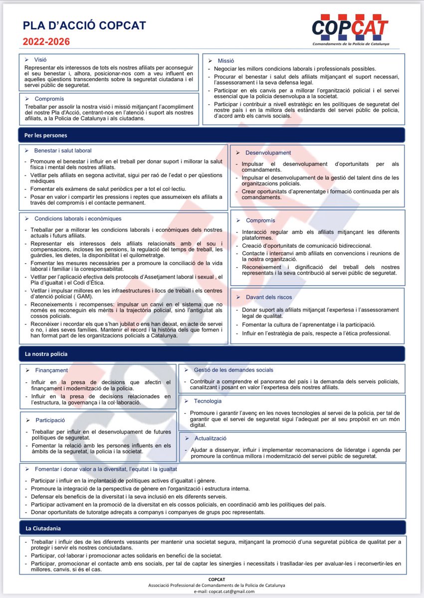 COPCAT8's tweet image. 🔵 Us presentem el Pla d’Acció 2022-2026, que explica les diferents àrees de treball en les que esperem aportar canvis positius. 
Treballar plegats pel futur, centrant-nos en les persones, la nostra policia i la ciutadania a la que servim. #comandaments #mossos #PPLL #mossos2030