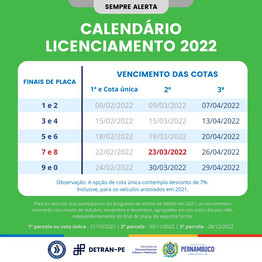DetranPE's tweet photo. Amanhã, 23-03-2022, vence a segunda parcela do Licenciamento/IPVA 2022 para os veículos com final de placa em 07 ou 08.
Acesse os boletos para pagamento no site https://t.co/eGzDybdYCa, fazendo a Consulta de Placa.
#ipva
#ipva2022
#placas7e8
#finaldeplaca7
#finaldeplaca8 https://t.co/ODn4ji8rpp