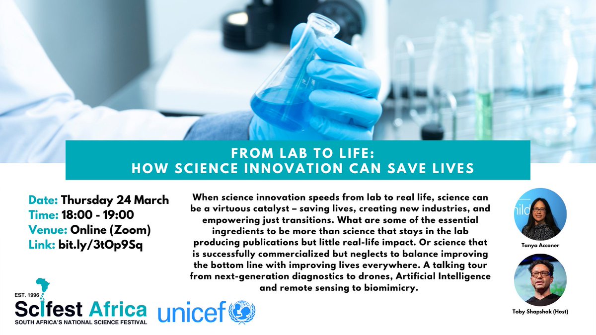 Coming up this Thursday 24 March at 6pm, join <a href="/Accone/">Tanya Accone</a>, Senior Advisor on Innovation at <a href="/UNICEF/">UNICEF</a>, for a vital webinar: "From Lab to Life: How Science Innovation Can Save Lives" - with host <a href="/shapshak/">Toby Shapshak</a>  

Register here: bit.ly/3tOp9Sq