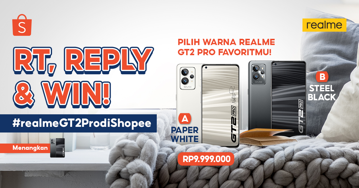 ✨ realme GT2 Pro GIVEAWAY ✨ 

Mimin &amp; realme mau GIVEAWAY realme GT2 Pro senilai 10 JUTA nih! 
Caranya:
1. FOLLOW <a href="/ShopeeID/">Shopee Indonesia</a> 
2. RT &amp; LIKE tweet ini 
3. REPLY warna favoritmu PEARL WHITE/STEEL BLACK + #realmeGT2ProdiShopee YANG BANYAAK