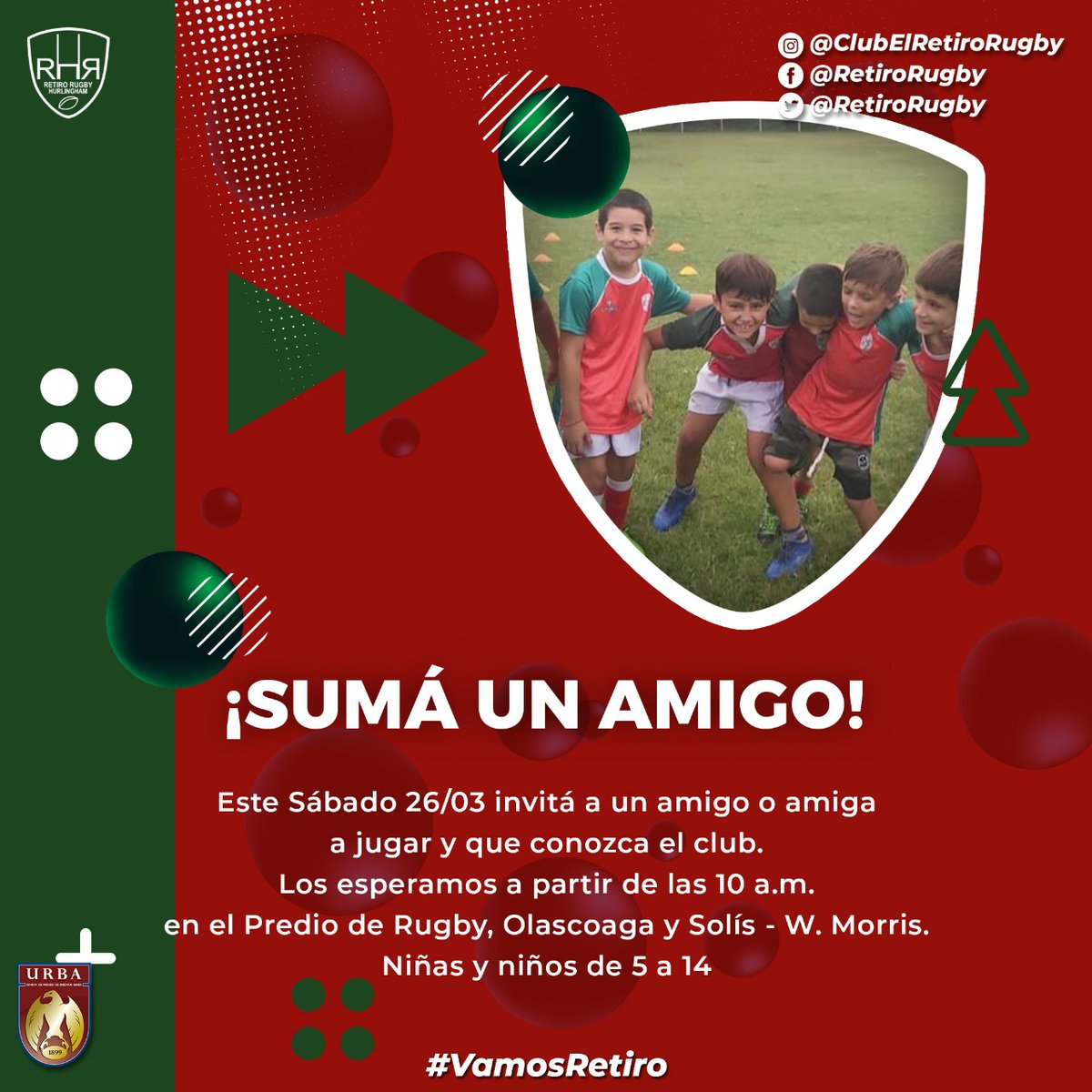 Este sábado se viene una jornada IMPERDIBLE de #RugbyInfantil en el club. Vení e invitá a un amiguito! 😉

#VamosRetiro