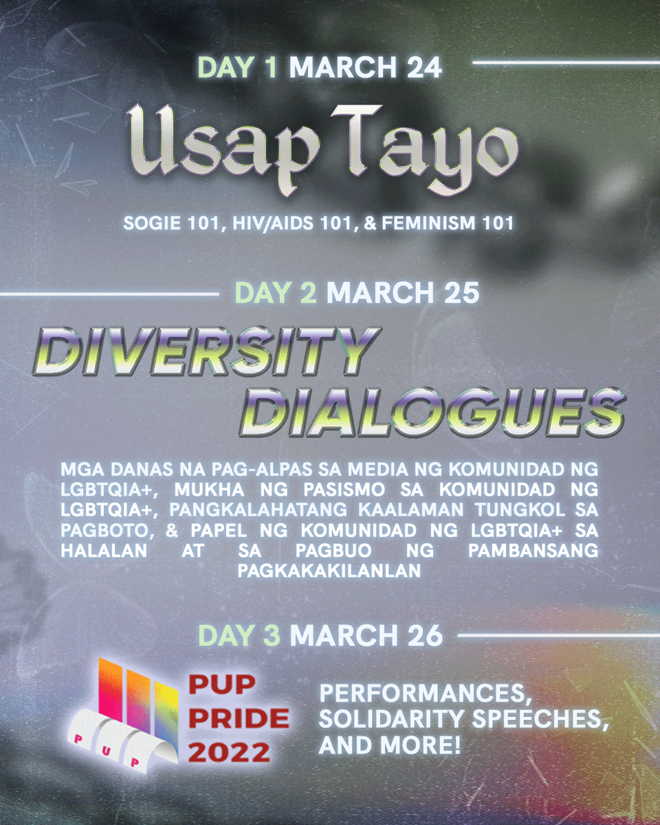 Hello, mga boo! Narito na ang kumpletong listahan ng mga ganap natin para sa darating na tatlong araw ng #PUPPride2022. 🏳️‍🌈

Handa ka na bang umalpas para buwagin ang pasismo tungo sa bagong sistema? Sign up na! 🌈✨

rotf.lol/PUPPride2022Re…
rotf.lol/PUPPride2022Re…