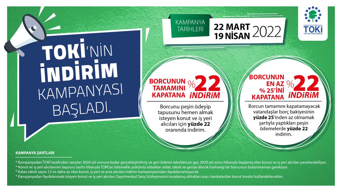 Toki_Kurumsal's tweet photo. 📢 İndirim Kampanyamız bugün başladı.

🗓️ Son başvuru 19 Nisan 2022...

Detaylar için 🔎https://t.co/f7oG0dP9zg https://t.co/z2jrVxzKh5